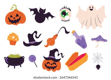 Set of cute flat vector Halloween icons featuring smiling ghosts, jack-o’-lanterns, sweets, bats, witch hat, skull, magic potion, cauldron, and other spooky but fun elements for seasonal designs