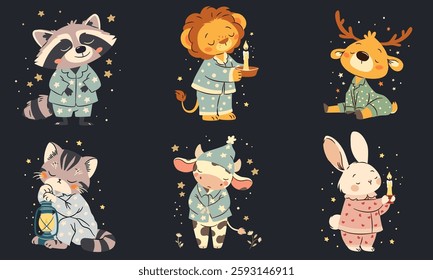 A set of cute flat vector illustrations in a simple childish style. Cute sleepy animals in pajamas with lamps and candles. Raccoon cow bunny kitten deer and lion on dark background with stars 