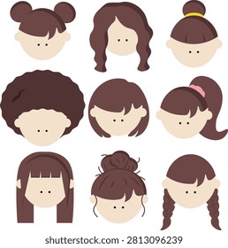 Set of cute flat vector illustrations featuring diverse girl hairstyles, including buns, braids, pigtails, ponytails, and wavy hair