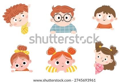 A set of cute flat vector illustrations. Cute girls and boys peek out from behind banners. Simple children's style.