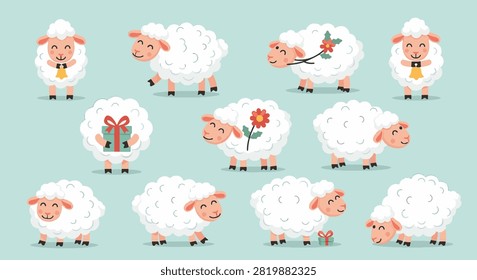 Set of cute flat vector white sheep characters in various festive poses including holding a Christmas gift, ringing a bell, and carrying flowers on a light blue background.