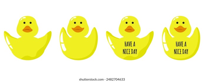 Set cute Flat Yellow Duck isolated white background. Collection vector duckduckjeep Hand Drawn Rubber Duck can used web and social media design. Fun design t-shirt print.