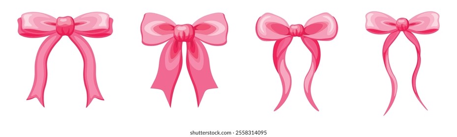 Set of cute, flirty silk bows in cartoon style. Vector illustration of ribbon rosette bows of different shapes and sizes isolated on white background. Decorations. Girlish. Couquetts bows.