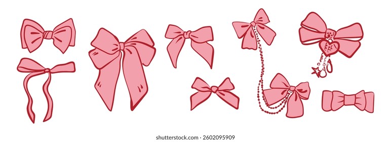 Set of cute flirty vintage bows and ribbons. Hand drawn girly decorations in doodle style. Vector stickers for invitation, scrapbooking, postcard or personal secret diary.