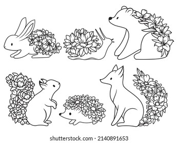 Set of cute floral animals. Collection of animals with flowers bouquets. Floral forest animals. Vector illustration on white background.