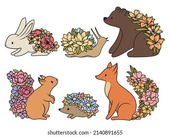 Set of cute floral animals. Collection of animals with flowers bouquets. Floral forest animals. Vector illustration on white background.