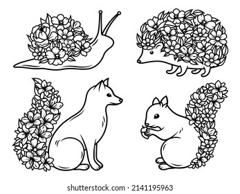 Set of cute floral animals. Collection of animals with flowers bouquets. Floral forest animals. Vector illustration on white background.