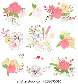 Set of cute floral bouquets, retro peonies, isolated