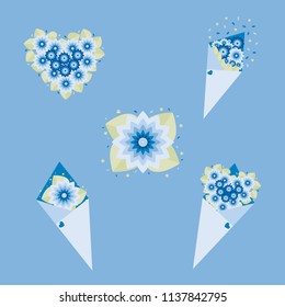 Set of cute floral compositions which consist of flowers, leaves, petals and wrapping paper.