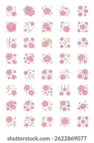 Set of cute floral designs. Collection of gentle pastel illustrations of flowers, butterflies, hearts and stars isolated on a white background. Kawaii spring stickers. Vector 10 EPS.
