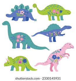 Set of cute floral dinosaurs isolated on a white background. Vector graphics.