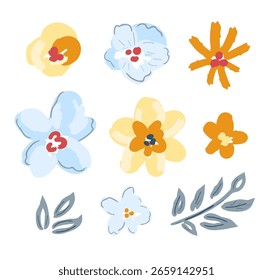 Conjunto de Elementos florales lindos, Ilustración vectorial de color. Flores, ramas, hojas de color azul, naranja y beige. Naturaleza y plantas. Para crear patrones, decoraciones.