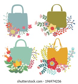 Set of cute floral fashion composition in retro style.Vintage Vector floral wreath with high heel shoes .Design template for label.Vector illustration