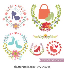 Set of cute floral fashion composition in retro style.Vintage Vector floral wreath  with high heel shoes .Design template for label.Vector illustration