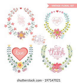 Set of cute floral fashion composition in retro style.Vintage Vector floral wreath  with high heel shoes .Design template for label.Vector illustration