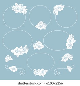 Set of cute floral frames. Ornate elements with holiday decorations. Pastel flowers on round borders. Vector collection. Can use for cards, banners, invitations, wedding decor, typography.