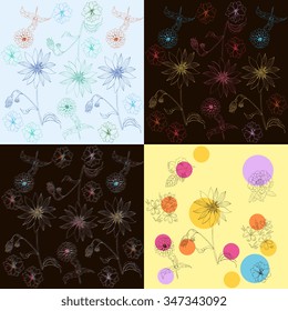 Set of cute floral patterns. Decorative background with colorful linear flowers.  Botanical vector illustration.