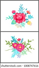 Set of cute floral patterns, flowers of different kinds making up bouquet, hand drawn buds in pencil technique vector illustration isolated white