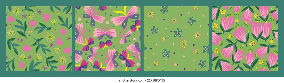 Set von süßen, floralen nahtlosen Mustern. Sammlung kleiner und großer Blumen. Skizze flach. Botanisches Bundle im modernen trendigen Stil. Motive für Sommerwiesen aus Blumen. Cartoon-Stil.