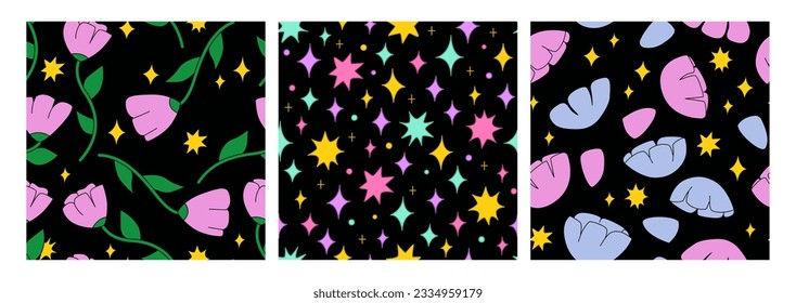 Conjunto de lindos patrones florales sin costura. Antecedentes vectores con tulipanes rosados y estrellas