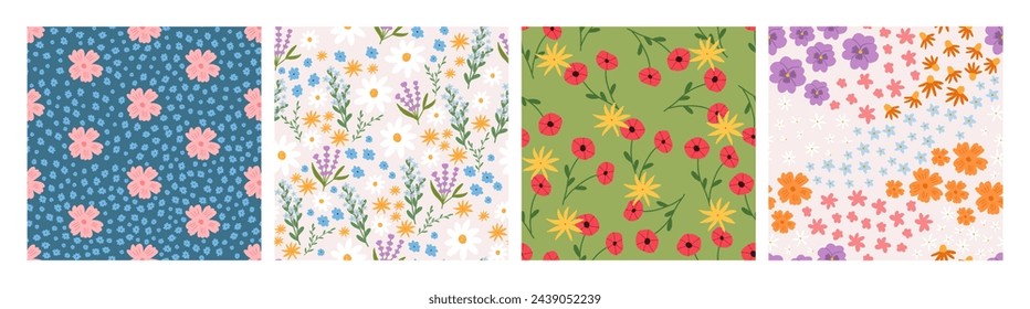 Set of cute floral seamless patterns, cartoon flat vector illustration. Spring flower background collection. Colorful patterns for printing on fabric and textile.