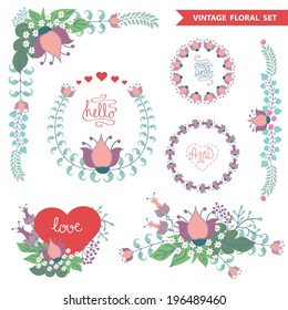 Set of cute floral stylized composition in retro style.Vintage design template for festive decoration.Vector illustration