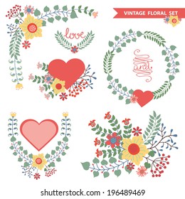 Set of cute floral stylized composition in retro style.Vintage design template for festive decoration.Vector illustration