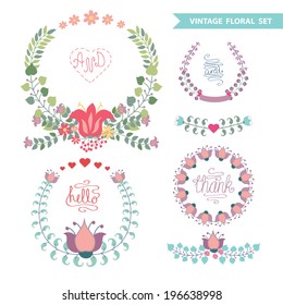 Set of cute floral stylized wreath in retro style.Vintage design template for festive decoration,wedding invitation.Vector illustration
