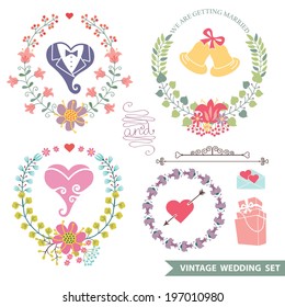 Set of cute floral wedding composition in retro style.Vintage Vector floral wreath  with wedding items.Design template for label, invitation, card.Vector illustration