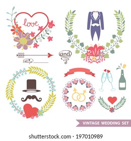 Set of cute floral wedding composition in retro style.Vintage Vector floral wreath  with wedding items.Design template for label, invitation, card.Vector illustration