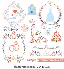 Set of cute floral wedding composition in retro style.Vintage Vector floral doodles wreath ,borders with wedding icons.Design template for label, invitation, card.Bridal shower Vector illustration