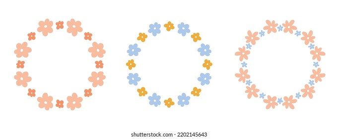 Set of cute floral wreaths with tiny flowers isolated on white background. Vector hand-drawn flat illustration. Perfect for cards, invitations, decorations, logo, various designs.