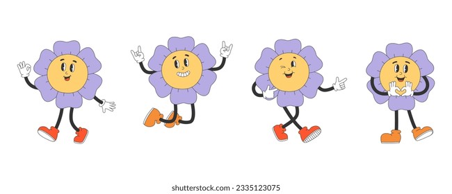 Conjunto de personajes florales bonitos en estilo groovy y2k. Colección de personajes de dibujos animados al estilo retro de moda. Ilustración vectorial aislada. 