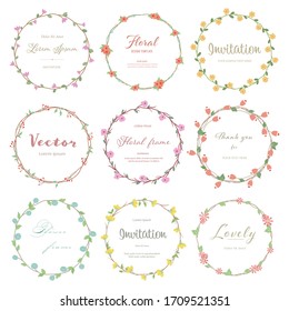 Set Of Cute Flower Circle Frame. Floral And Green Leaves Flat Style. Flowers For Decoration Concept. Floral Vector Source For Invitation, Wedding, Greeting Card Design.