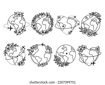 Set of cute flower earth. Collection of the love airplane around the earth. Travel lovers. Vector illustration isolated on white background. Design for travel agency. Tattoo.