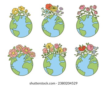 Set of cute flower Earth. Collection of flolar globe for Day of Earth. Vector illustration isolated on white background. Design for travel agency. Tattoo.