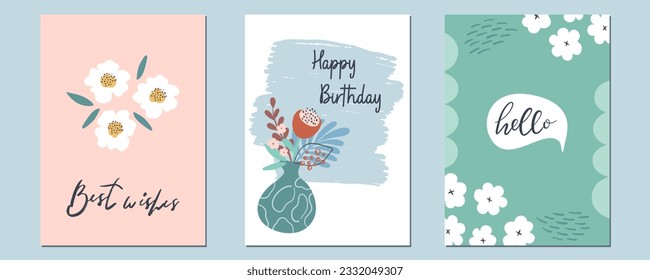 Set of cute flower greeting cards. Vector illustrations with boho style naive tropical flower bouquets. Modern Summer backgrounds.