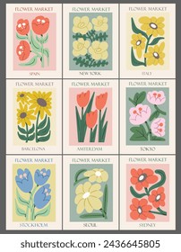 Set of cute flower posters, Trendy botonical wall art, floral wall art decor, flower market, vector illustration