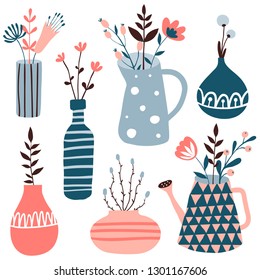 Set with cute flower pots and vases. Doodle floral illustration. Spring collection with cute hand drawn flowers and home plants. Interior, home decor. Vector. Isolated