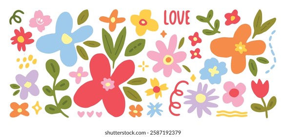 Set of cute flower spring and summer element vector. Hand drawn collection of tulip, leaves, sunflower on white background. Design for sticker, comic, print, decoration.