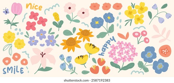 Set of cute flower spring and summer element vector. Hand drawn collection of tulip, leaves, sunflower, butterfly on white background. Design for sticker, comic, print, decoration.