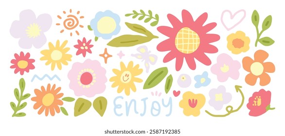 Set of cute flower spring and summer element vector. Hand drawn collection of tulip, leaves, sunflower on white background. Design for sticker, comic, print, decoration.