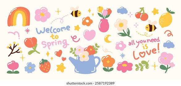 Set of cute flower spring and summer element vector. Hand drawn collection of tulip, leaves, sunflower, bee, rainbow, cherry, watering can. Design for sticker, comic, print, decoration.