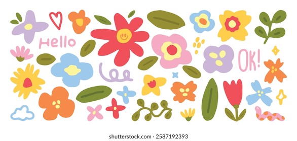 Set of cute flower spring and summer element vector. Hand drawn collection of tulip, leaves, sunflower on white background. Design for sticker, comic, print, decoration.