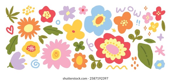 Set of cute flower spring and summer element vector. Hand drawn collection of tulip, leaves, sunflower on white background. Design for sticker, comic, print, decoration.
