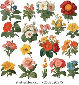 Set of cute flowers with branches and leaf's naturals botanical garden vector design 