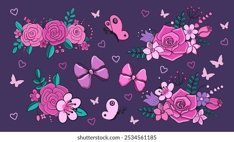 Set of cute flowers and butterflies elements