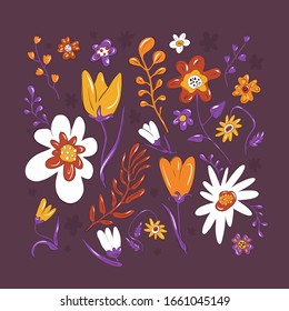 Set of cute flowers in cartoon style. Elements for the design of textiles, cards, t-shirts. Floral flat hand drawn color background. Scandinavian style.