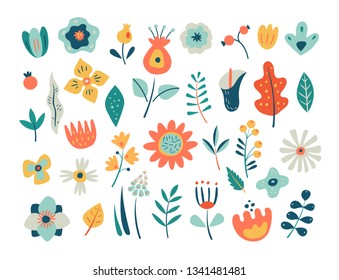 Set of cute flowers and floral elements isolated on white background. Decorative vector spring flowers illustration.  Great for a packing, textiles, sell-out, banner, frame, website, flyer, postcard.