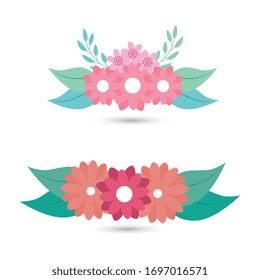 set of cute flowers with leafs naturals vector illustration design